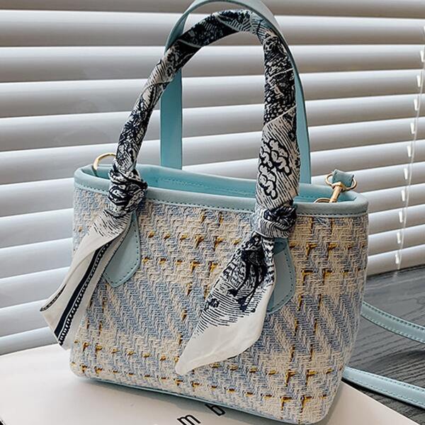 

Scarf Decor Plaid Pattern Square Bag, Blue
