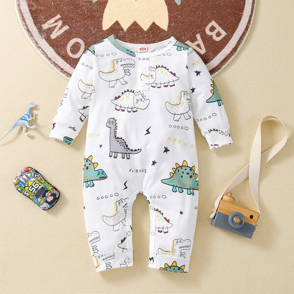 

Baby Cartoon Dinosaur Print Jumpsuit, White