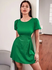 Tied Open Back Solid Dress - Dark Green - View 1