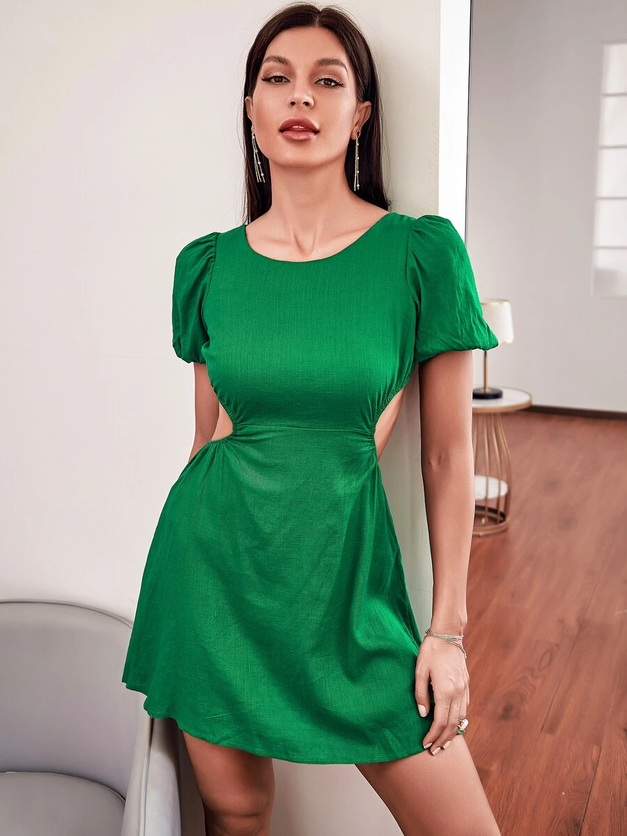 Tied Open Back Solid Dress - Dark Green - View 1