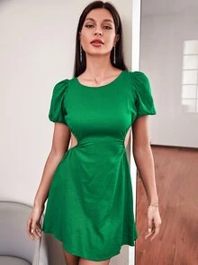 Tied Open Back Solid Dress - Dark Green - View 4