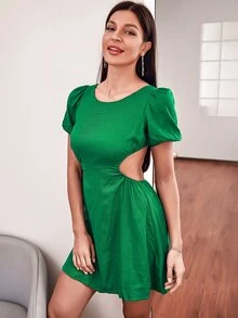 Tied Open Back Solid Dress - Dark Green - View 7