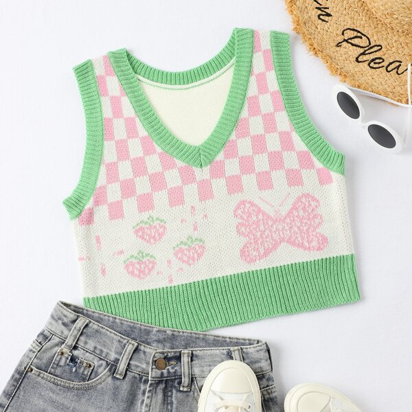 

Checker & Butterfly Pattern Colorblock Sweater Vest, Multicolor
