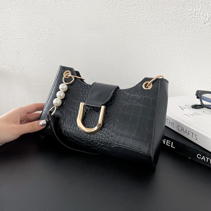 

Metal Decor Croc Embossed Shoulder Bag, Black