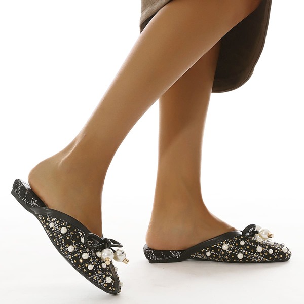 

Pearls Decor Plaid Pattern Point Toe Flat Mules, Black
