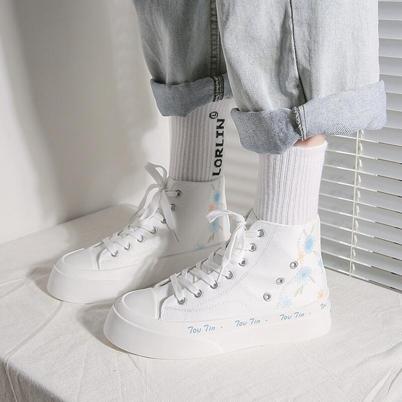 

Flower Pattern Lace-up Front Canvas Shoes, White