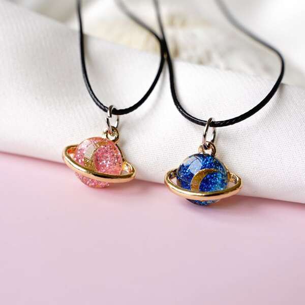 

2pcs Planet Charm Necklace, Multicolor
