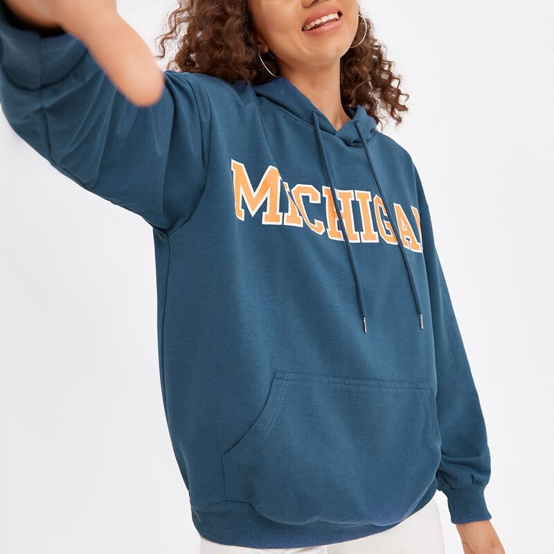 

Letter Print Drawstring Hoodie, Teal blue