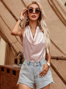 Satin Tie Back Backless Halter Top - Baby Pink - View 6