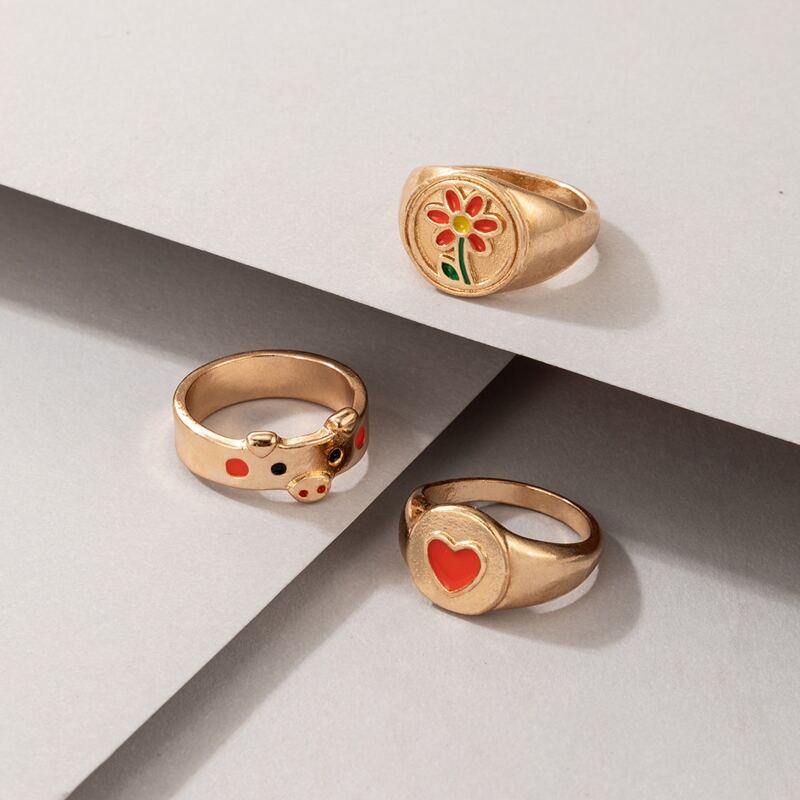 

3pcs Heart & Flower Graphic Ring, Orange