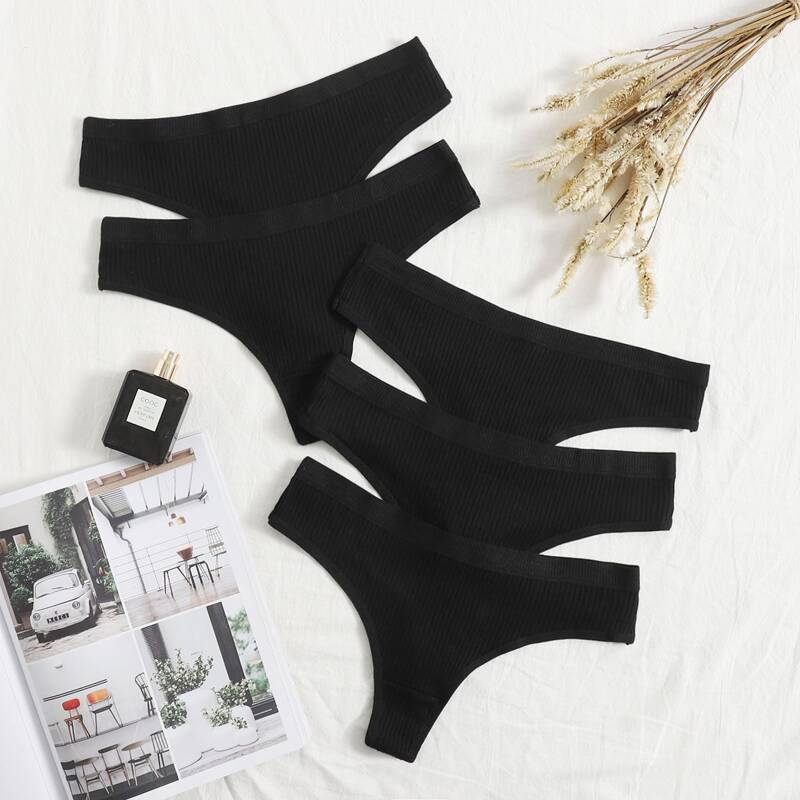 

5pack Solid Thong Set, Black