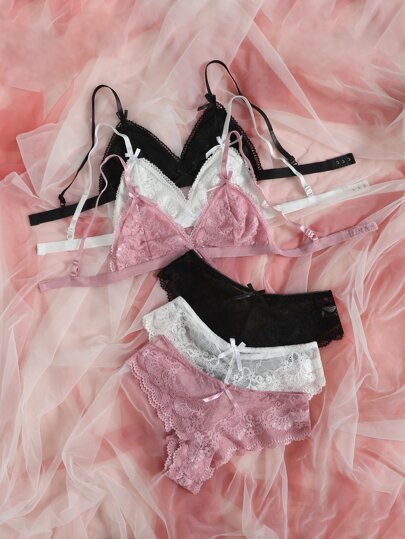 Set Kanten Bralette Bikini Slipje Lingerie (No Wire Bra, Triangle Panty) view 4