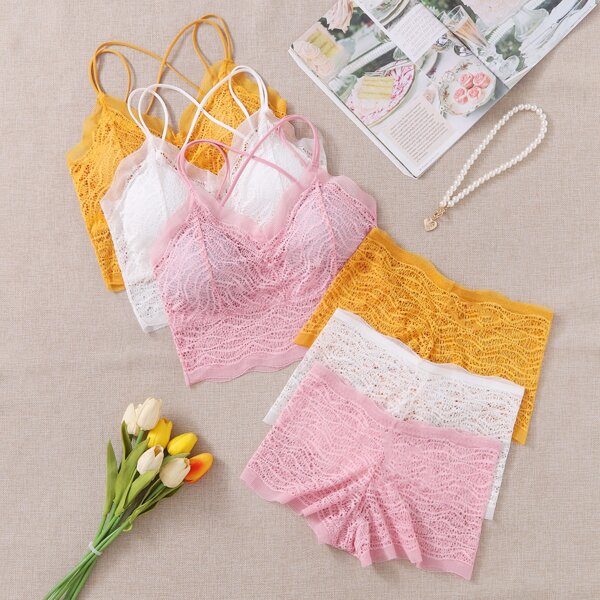 

3pack Solid Lace Lingerie Set, Coral pink