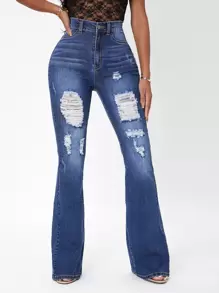 SHEIN SXY High Waist Flare Leg Ripped Jeans - Medium Wash - View 1