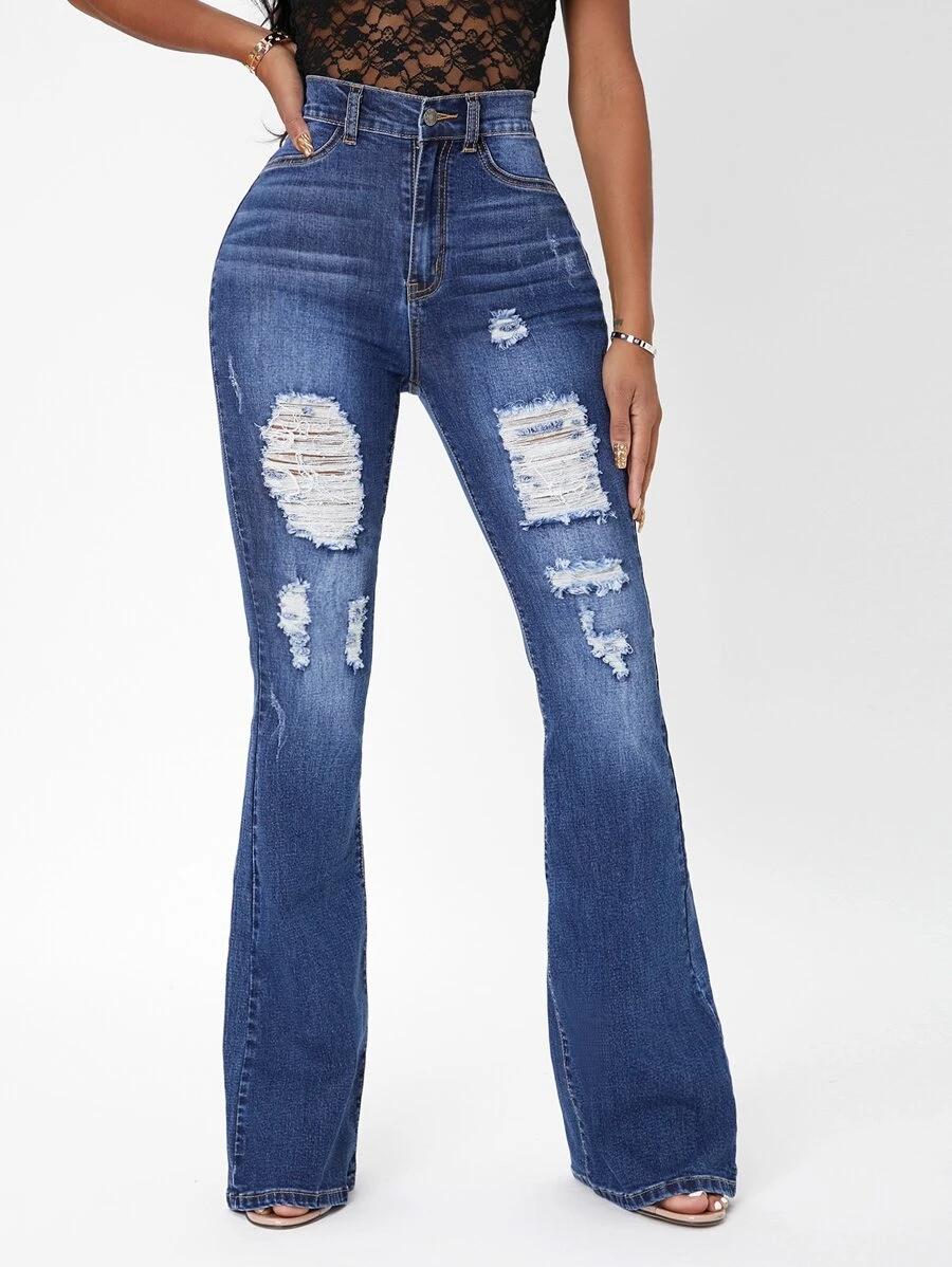 SHEIN SXY High Waist Flare Leg Ripped Jeans - Medium Wash - View 1