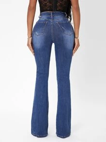 SHEIN SXY High Waist Flare Leg Ripped Jeans - Medium Wash - View 2