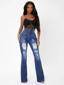 SHEIN SXY High Waist Flare Leg Ripped Jeans - Medium Wash - View 3