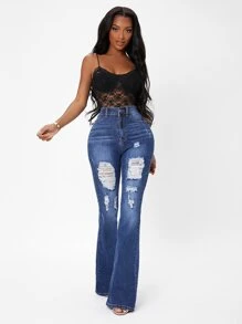 SHEIN SXY High Waist Flare Leg Ripped Jeans - Medium Wash - View 4