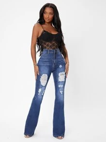 SHEIN SXY High Waist Flare Leg Ripped Jeans - Medium Wash - View 5