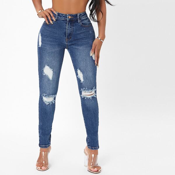 

Ripped Zipper Fly Skinny Jeans, Medium wash