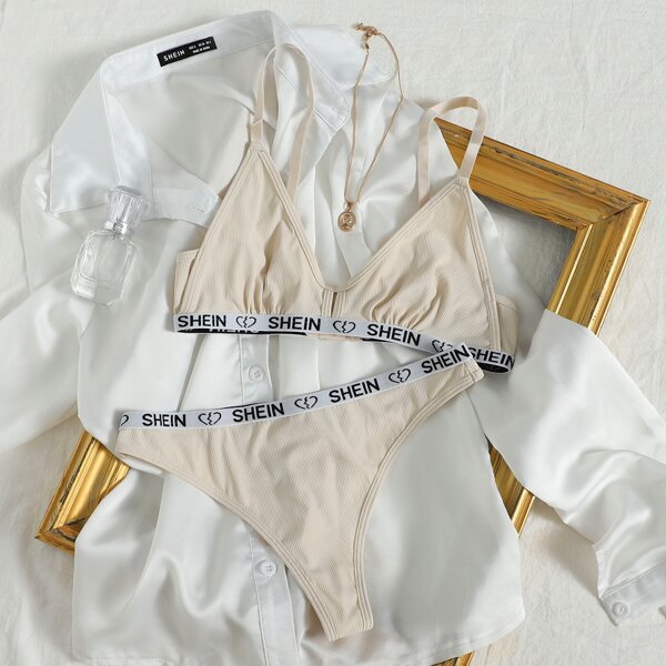 

Rib Letter Tape Lingerie Set, Apricot