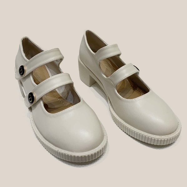 

Button Decor Double Strap Mary Jane Pumps, Beige