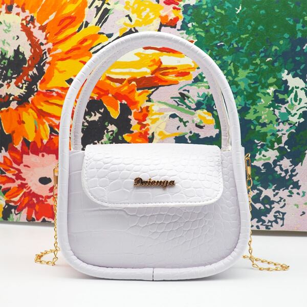 

Metal Decor Croc Embossed Saddle Bag, White