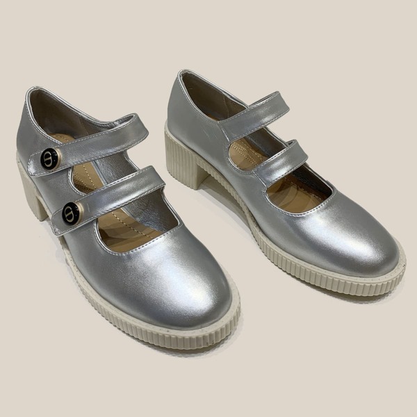 

Button Decor Double Strap Mary Jane Pumps, Silver