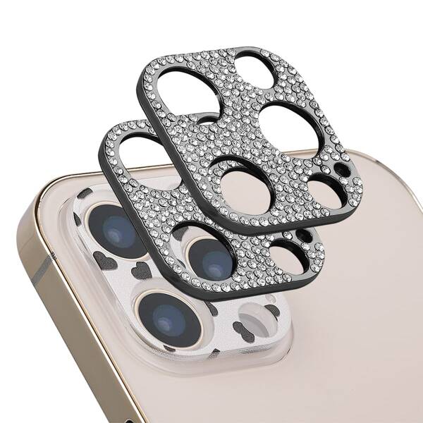

1pc Heart Pattern & 2pcs Rhinestone Decor Camera Lens Tempered Film, Black
