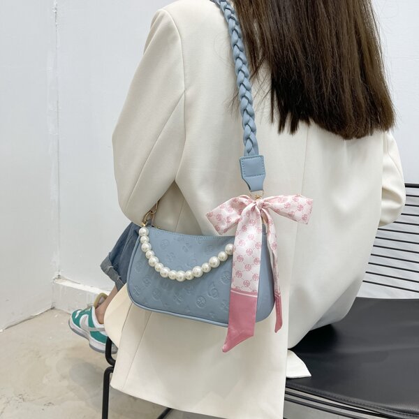

Scarf & Faux Pearls Decor Square Bag, Baby blue
