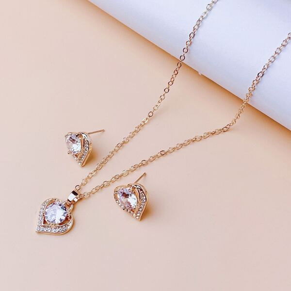 

3pcs Zircon Heart Decor Jewelry Set, Gold