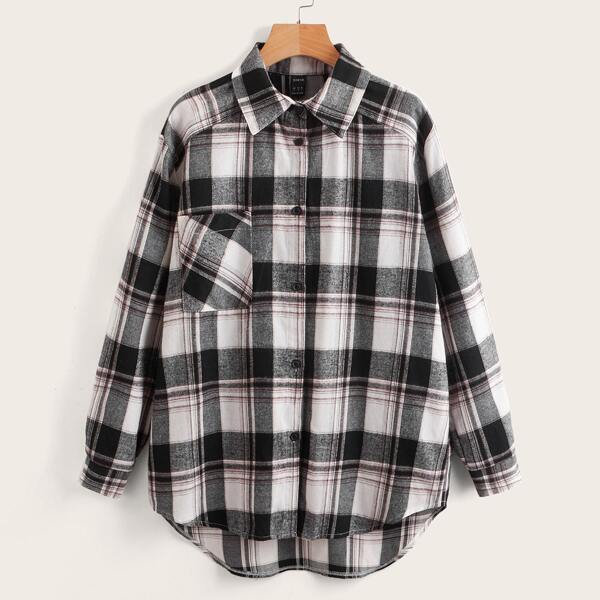 

Plaid Pocket Front High Low Blouse, Multicolor