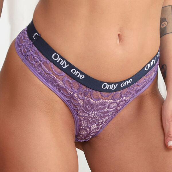 

Letter Tape Floral Lace Thong, Purple
