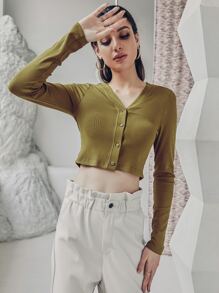 Áo nữ Gân đan Nút phía trước màu trơn Giải trí - Màu xanh Ô liu - Xem 1