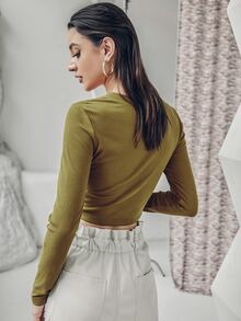 Áo nữ Gân đan Nút phía trước màu trơn Giải trí - Màu xanh Ô liu - Xem 2