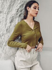 Áo nữ Gân đan Nút phía trước màu trơn Giải trí - Màu xanh Ô liu - Xem 3