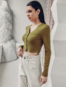 Áo nữ Gân đan Nút phía trước màu trơn Giải trí - Màu xanh Ô liu - Xem 4