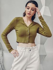 Áo nữ Gân đan Nút phía trước màu trơn Giải trí - Màu xanh Ô liu - Xem 5