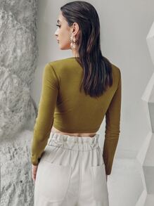 SHEIN Allurite Plunge Neck Knot Front Top - Olive Green - View 2