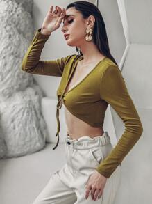 SHEIN Allurite Plunge Neck Knot Front Top - Olive Green - View 4