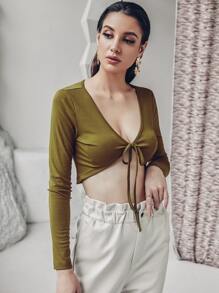 SHEIN Allurite Plunge Neck Knot Front Top - Olive Green - View 5