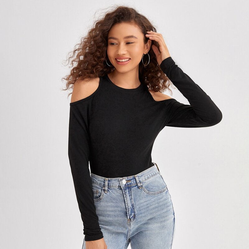 

Solid Cold Shoulder Tee, Black