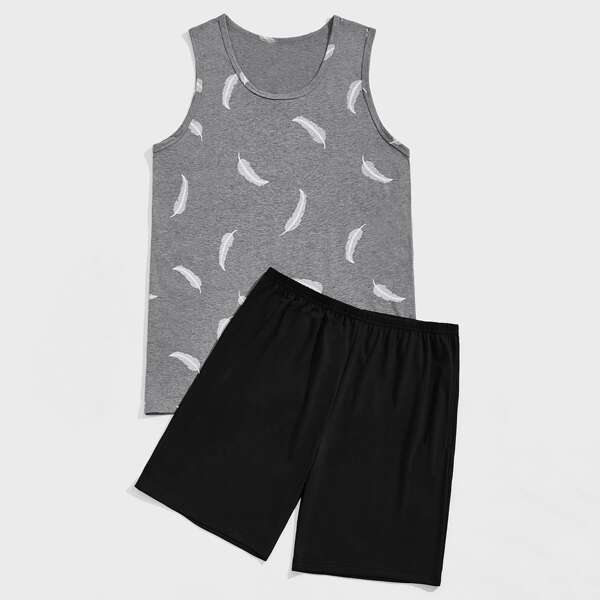 

Men Feather Print PJ Set, Multicolor
