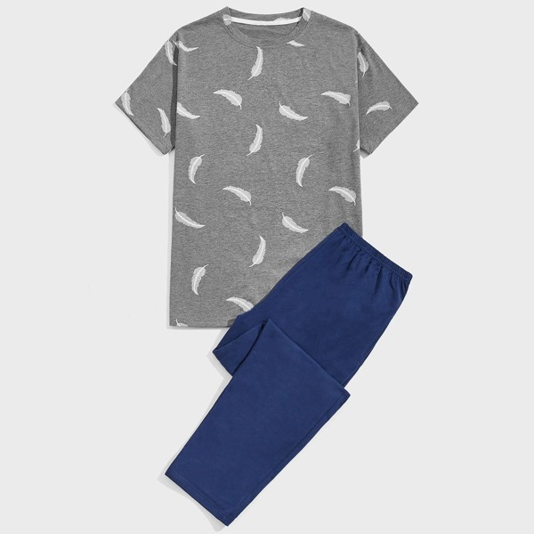 

Men Feather Print Pajama Set, Multicolor