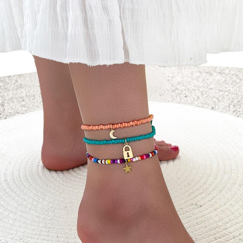 

3pcs Star Charm Beaded Anklet, Multicolor