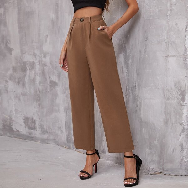 

Slant Pocket Fold Pleated Pants, Coffee brown