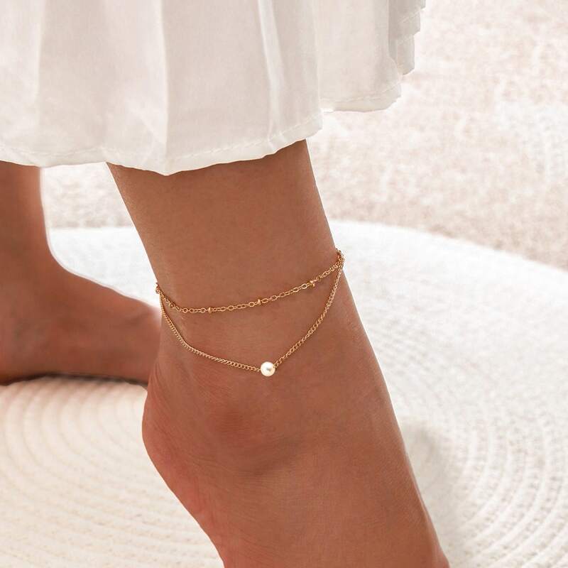

Faux Pearl Layered Chain Anklet, Gold