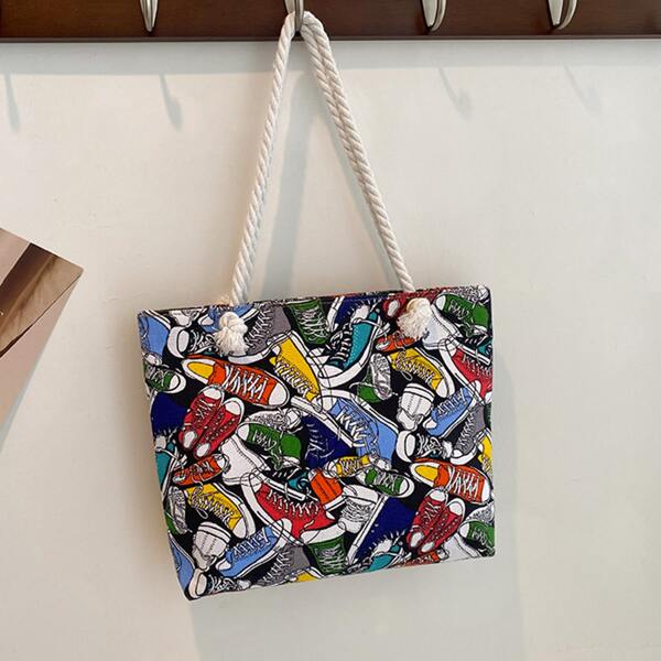 

Cartoon Graphic Shoulder Tote Bag, Multicolor