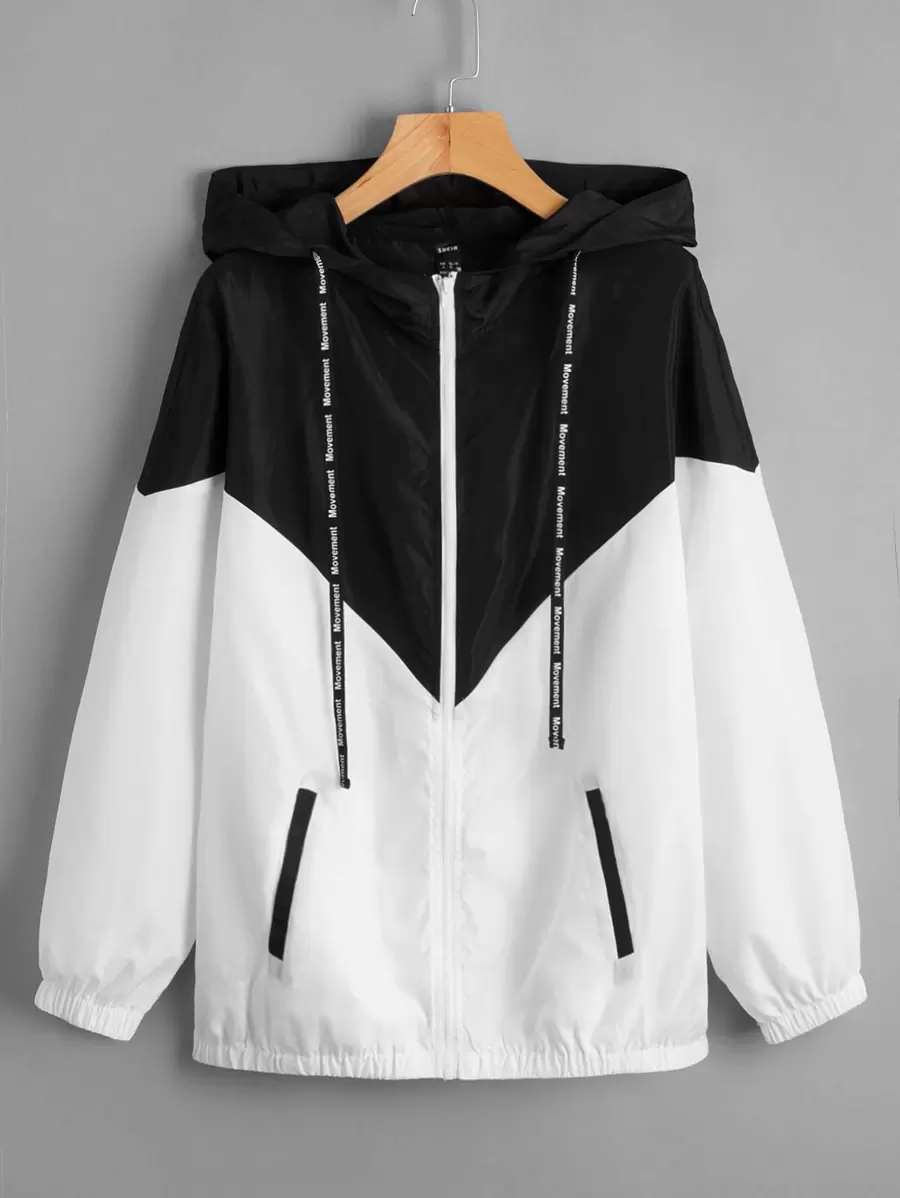 SHEIN EZwear Cazadora de color combinado con cremallera con cordón con capucha - Blanco y Negro - Ver 1