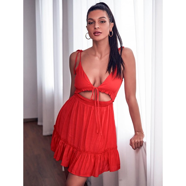 

Tie Front Ruffle Hem Cami Dress, Red